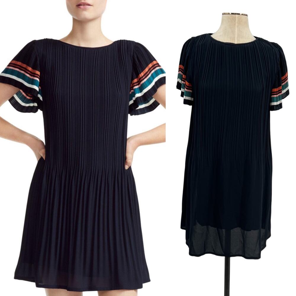 Maje Rolini Dress Plisse Crepe Striped Detail Navy Blue Size 3‎ US Large